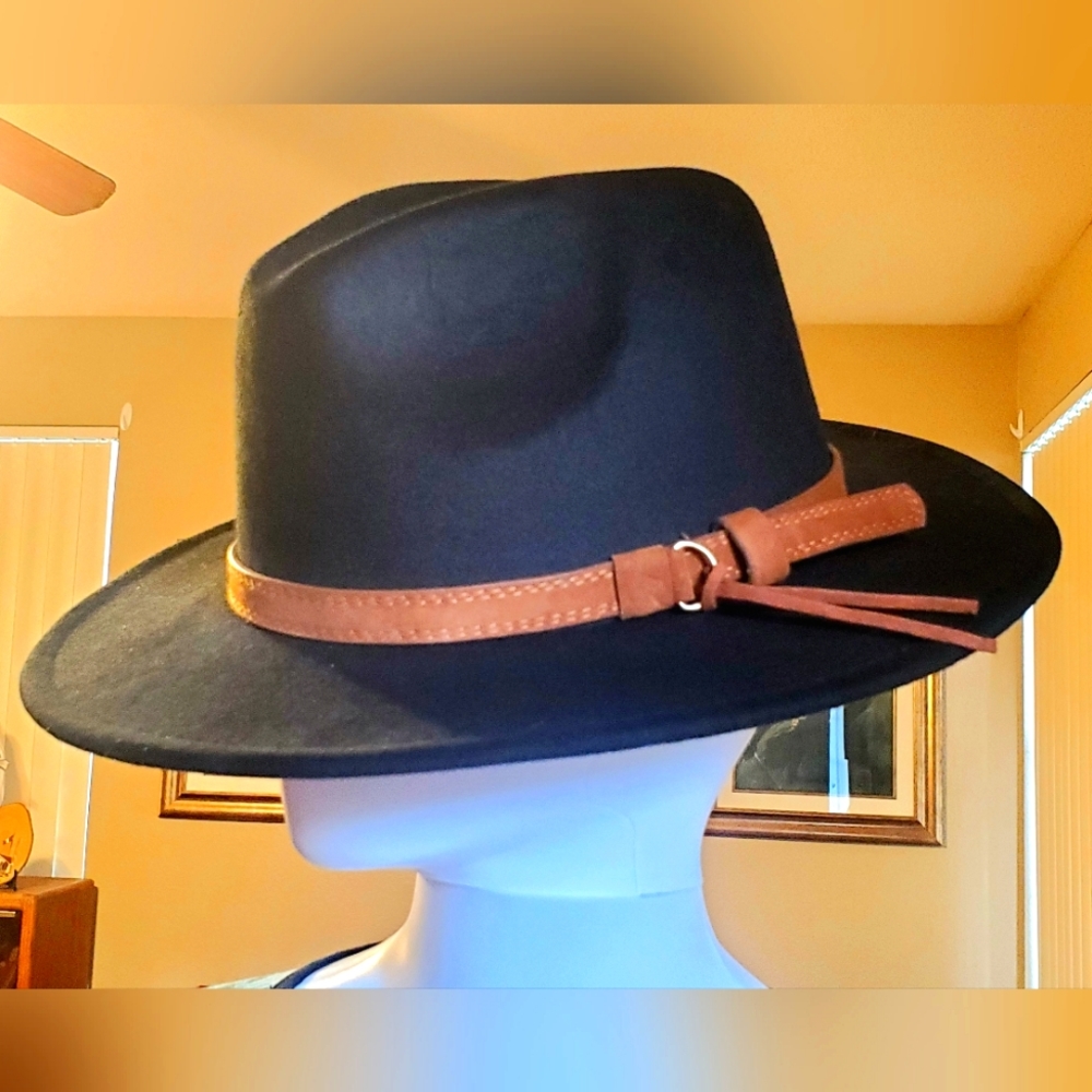 Classic felt wide brim unisex fedora with brown leather belt and tassle